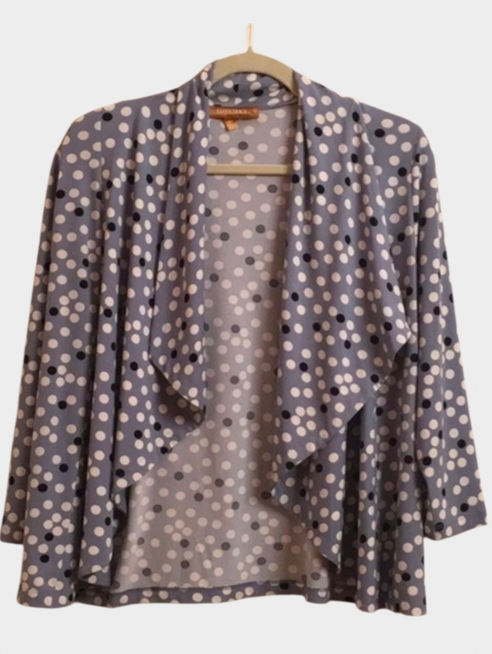 Ellen Tracy Top women's size medium Blue White Open Drape Front Polka Dot Circle